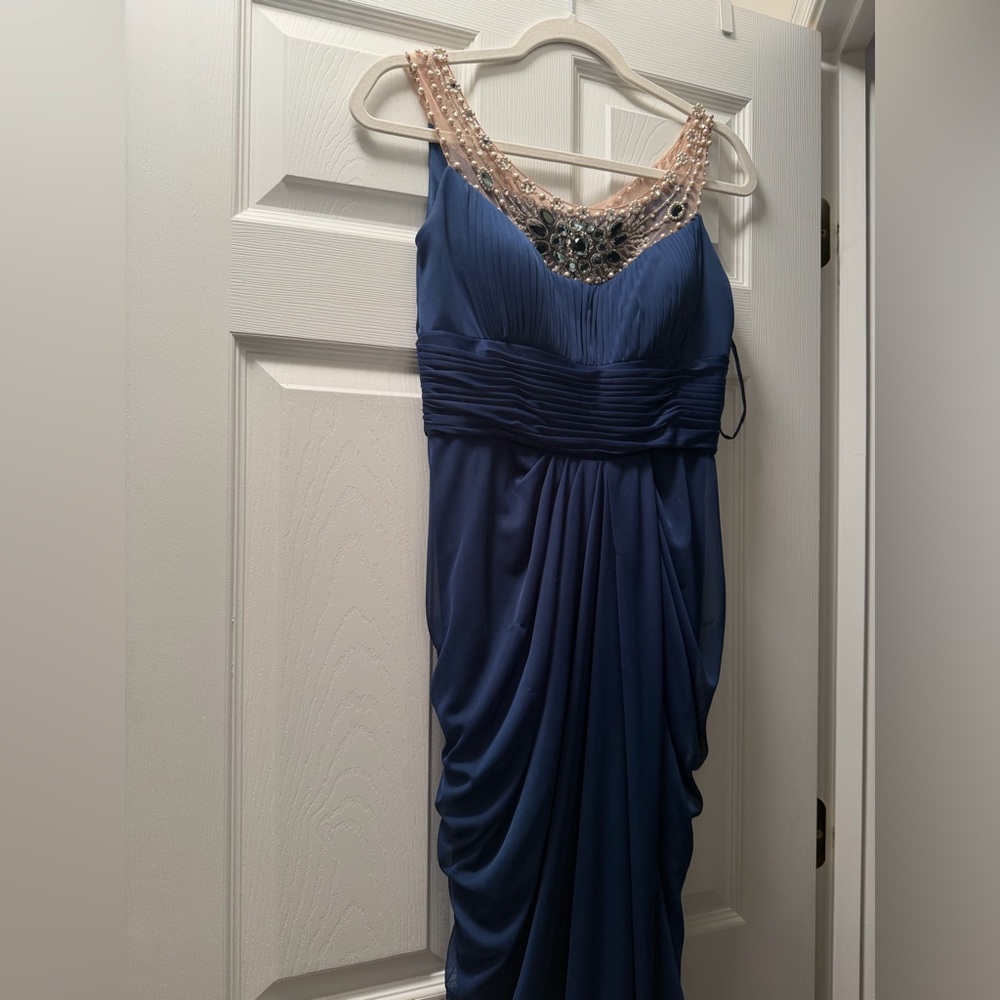 Adriana Papell Elegant Navy Blue Embellished Evening Dress